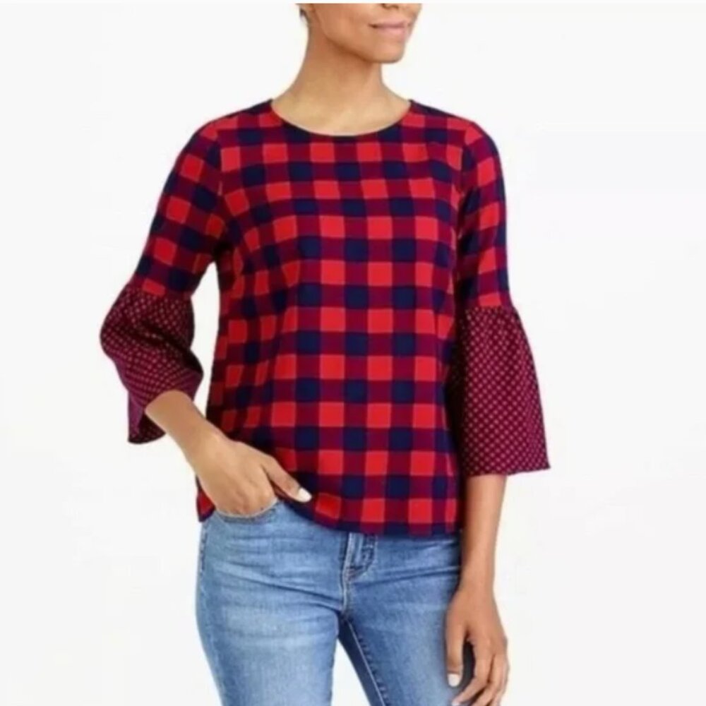 New J. Crew size 18 Blue Red Plaid Crew Neck Light Flannel Cotton Blouse Preppy